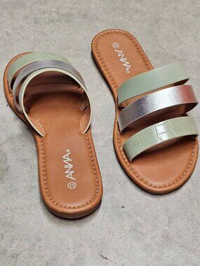 Womens Triple Strap Slide Sandals With Metallic & Green Color